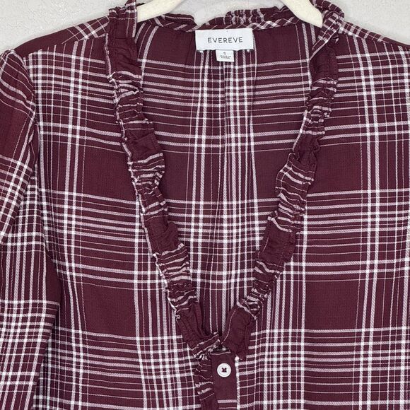 Evereve Shirt Womens Small Burgundy Plaid Ruffle Trim Button Front Long Sleeve - Picture 3 of 8
